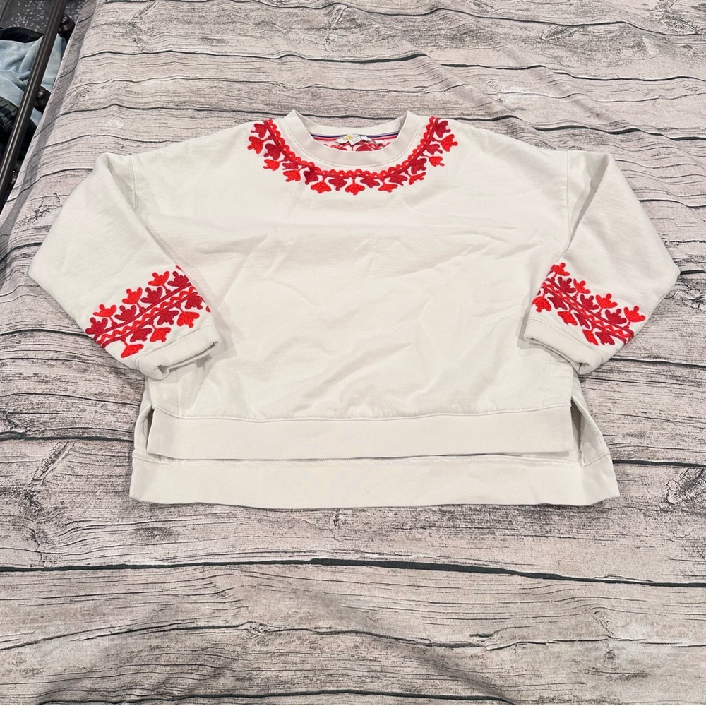 Boden Off White Boxy Embellished Embroidered High Low Sweatshirt Size Small